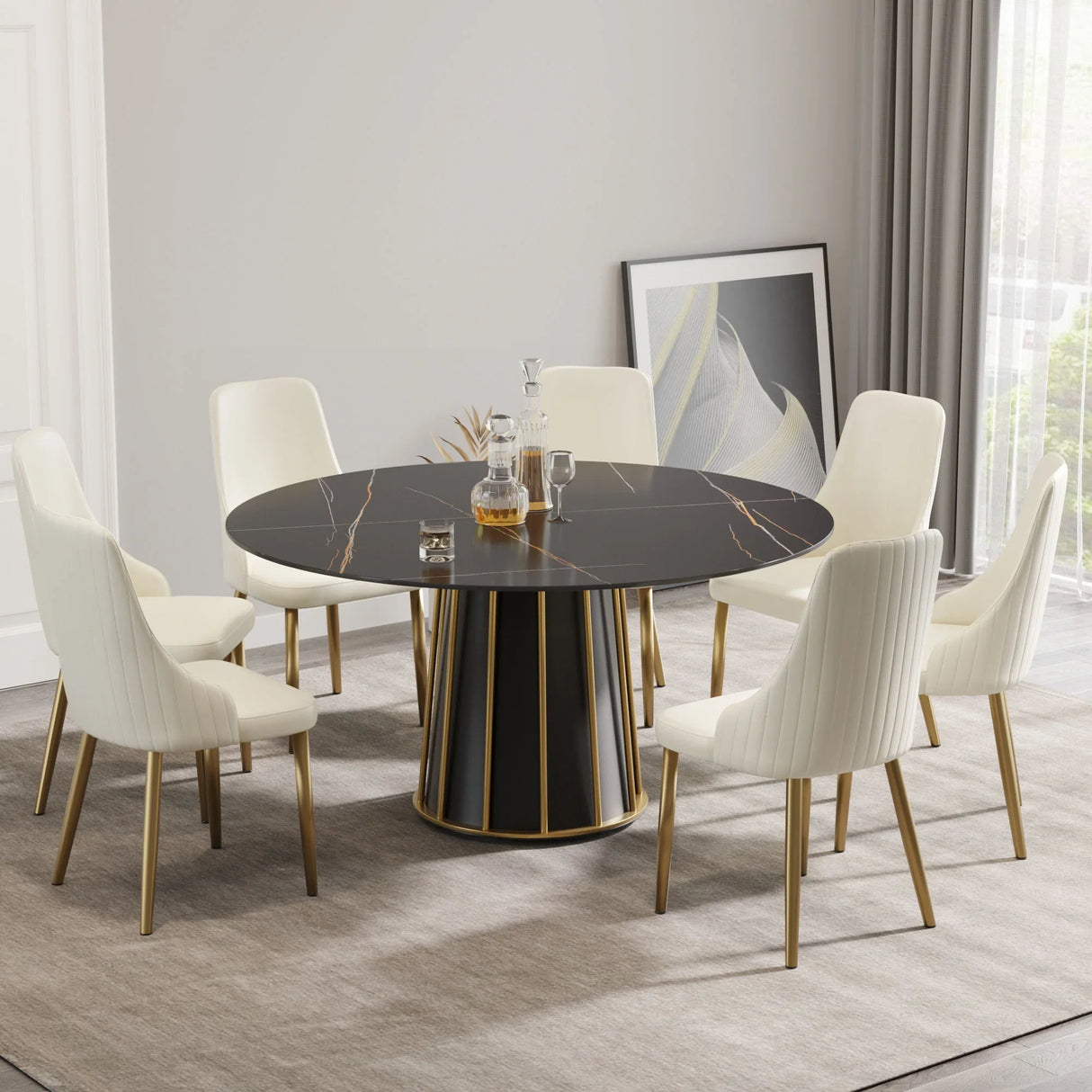 Modern Artificial Stone Round Metal Iron Base Dining Table, Can Accommodate 8 People, (Not Including Chairs) - Black - Furniture Home Direct