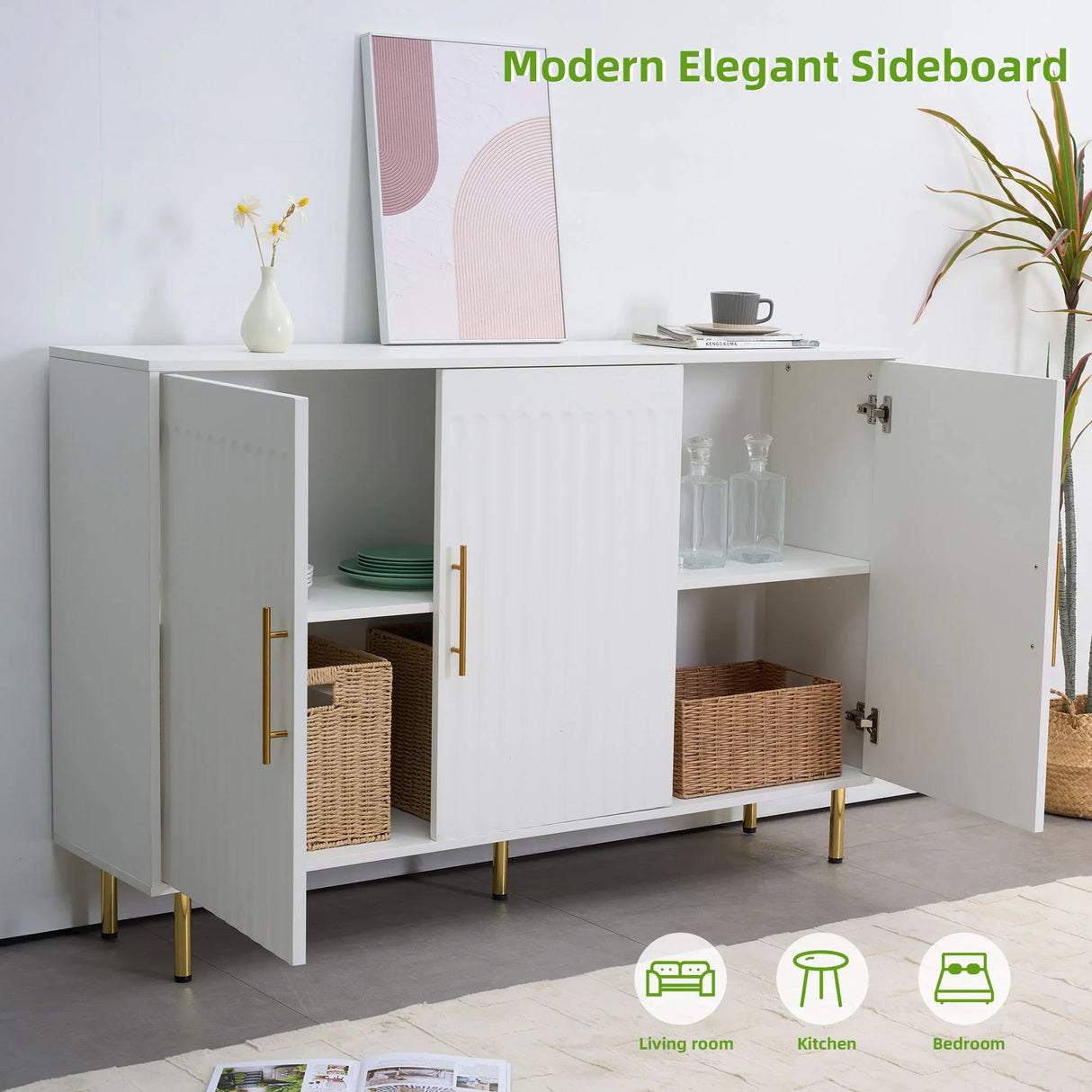 3 Door Large Storage Sideboard With Handles For Kitchen, Dining Room And Living Room, Accent Buffet Cabinet, Coffee Bar Sideboard Cabinet With 3 Doors - White / Gold - Furniture Home Direct