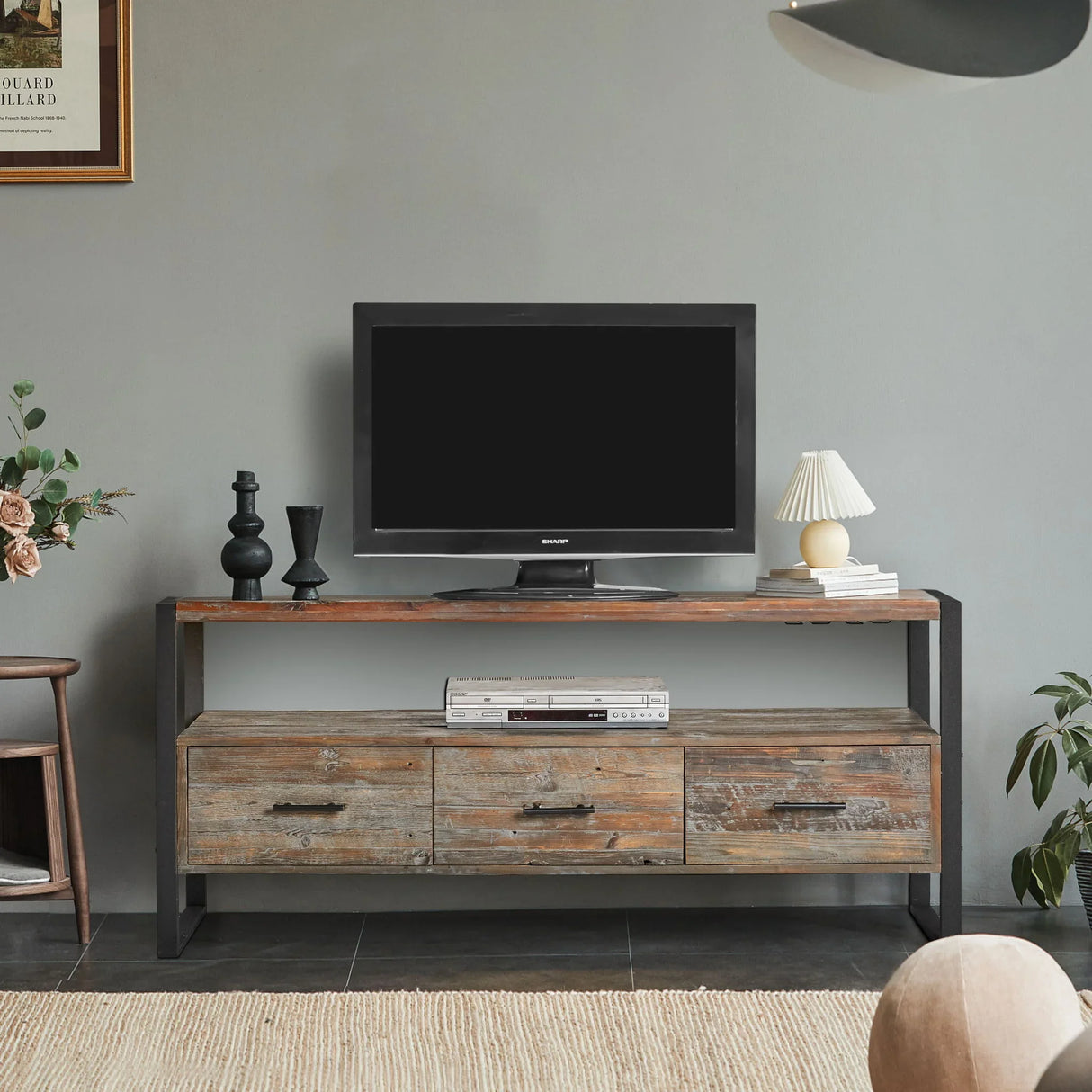 Reclaimed Wood Media TV Console Table With 3 Drarwer, Open Shelf - Antique Gray - Furniture Home Direct
