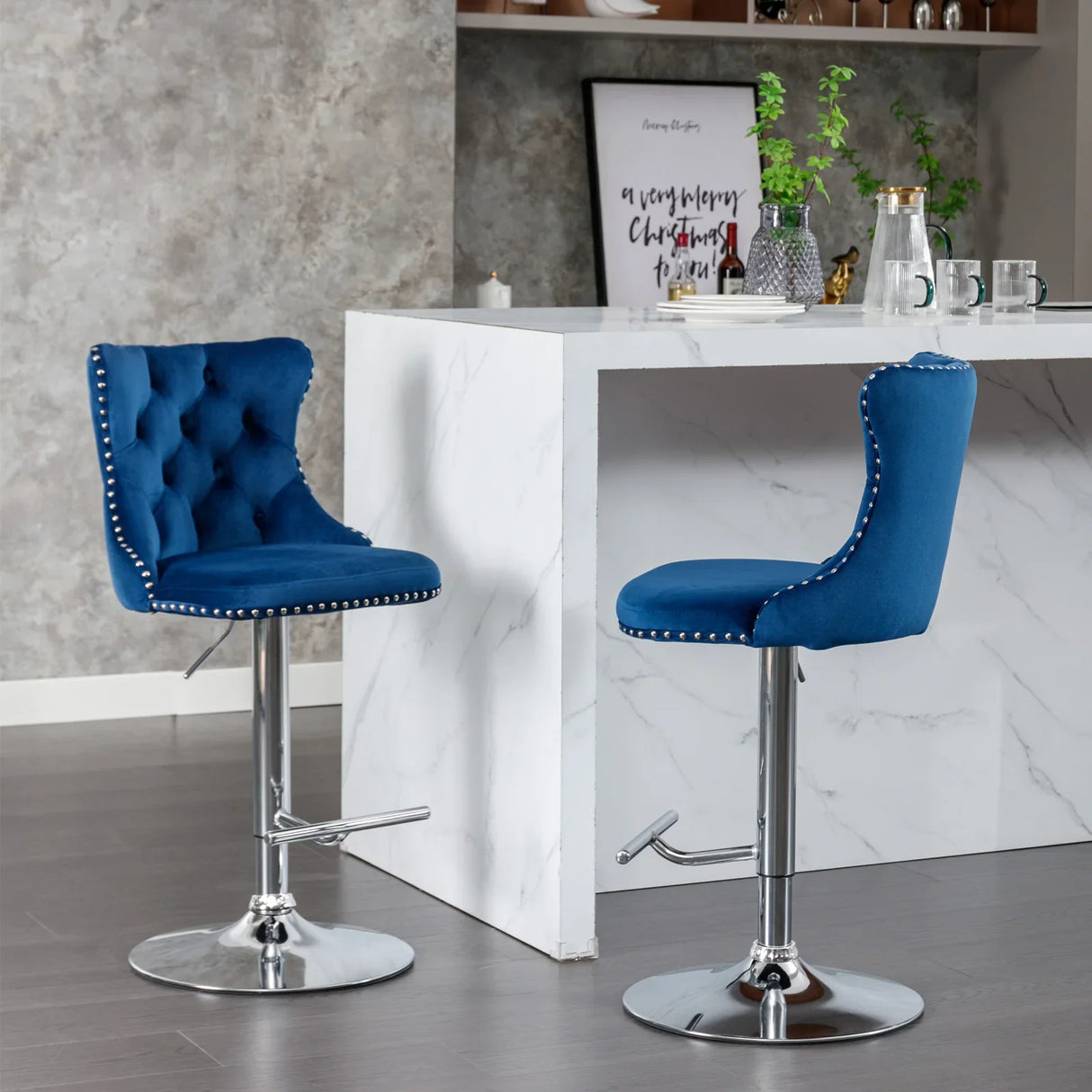 Counter Height Bar Stool Swivel Tufted Velvet Back Blue - Furniture Home Direct