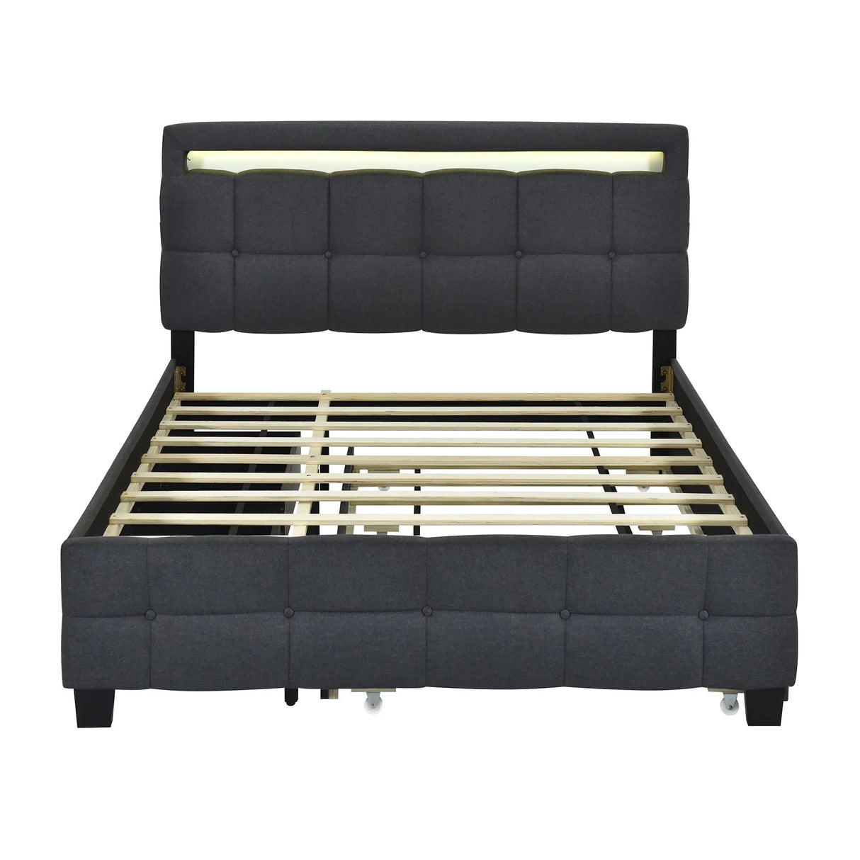 Upholstered Platform Bed With LED Frame, With Trundle And 2 Drawers - Furniture Home Direct