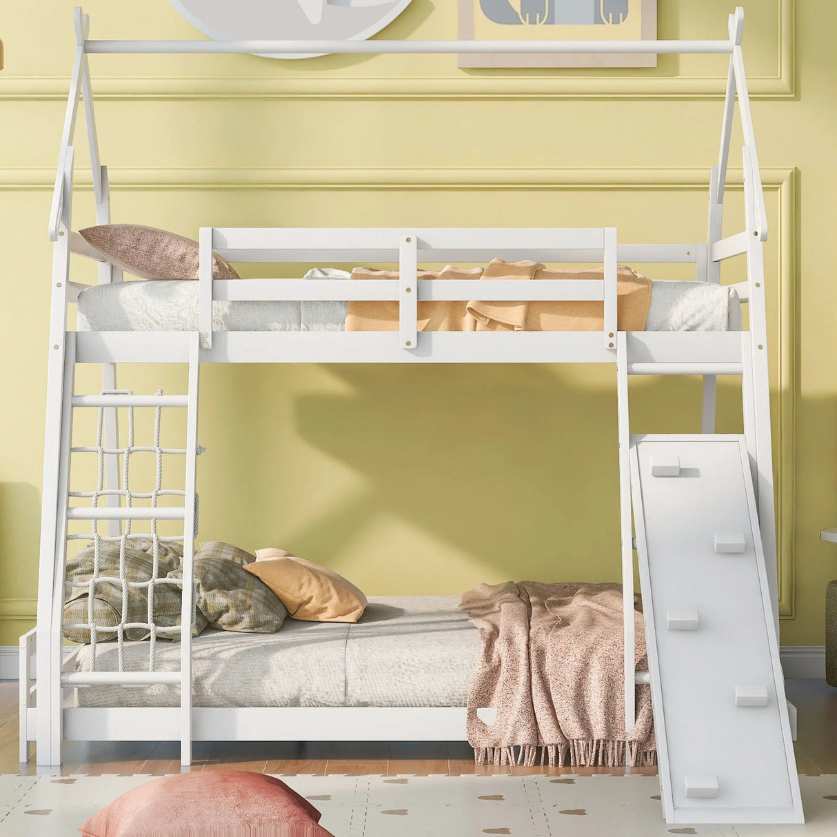 Twin Over Queen House Bunk Bed With Climbing Nets And Climbing Ramp - Furniture Home Direct