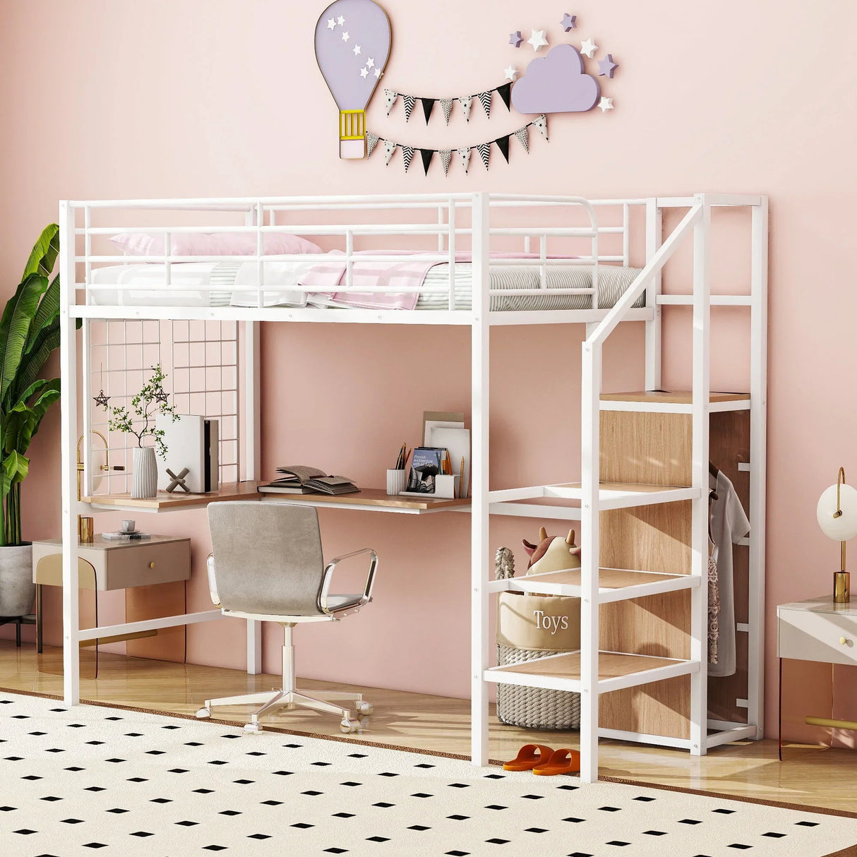 Loft Bed With Desk And Grid, Stylish Frame With Lateral Storage Ladder And Wardrobe - Furniture Home Direct