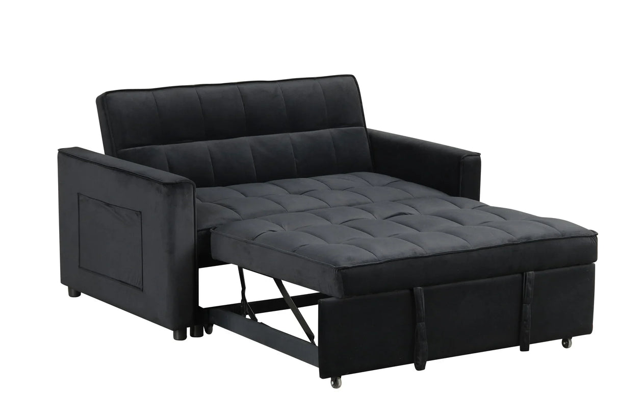 Maeve - Velvet Convertible Sleeper Loveseat With Tufting and Side Pocket - Black - Furniture Home Direct