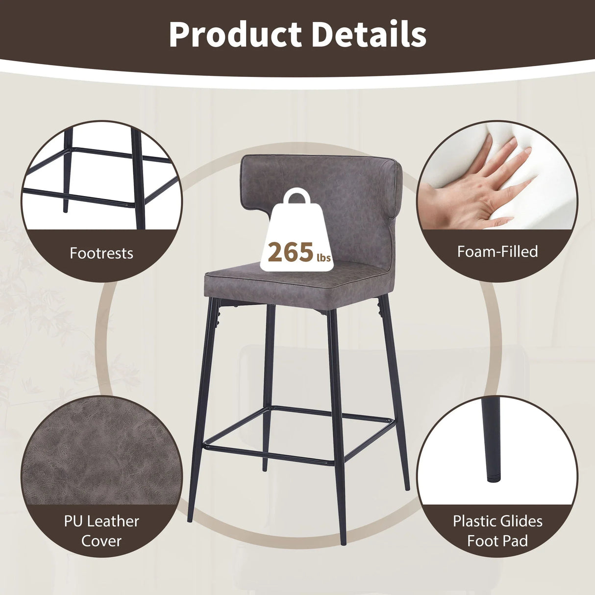 Modern Bar Stools With Upholstery And Metal Footrest (Set of 2)