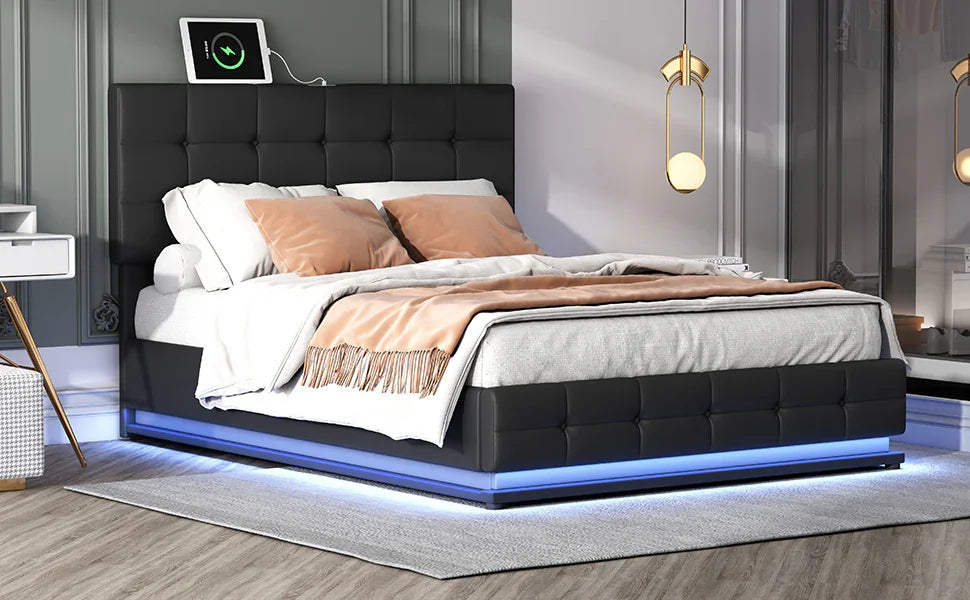 Queen Platform Bed Tufted Upholstered Storage Led Black - Furniture Home Direct