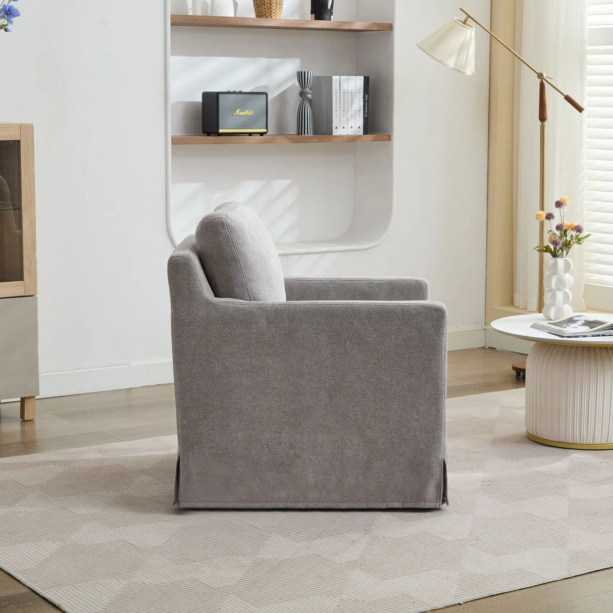 Upholstered Skirted Swivel Chair With Removable Back Cushion For Living Room - Furniture Home Direct
