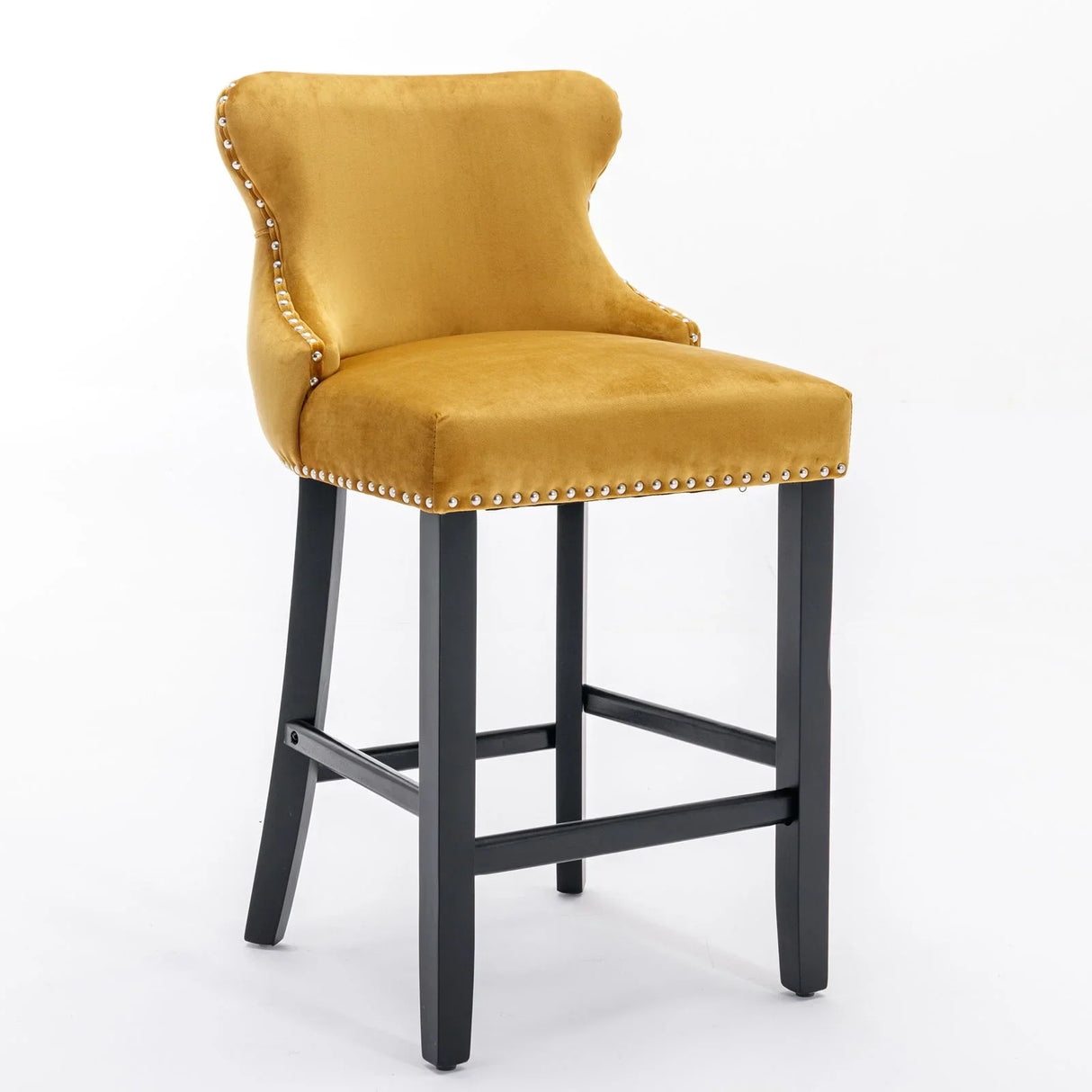 Contemporary Velvet Upholstered Wing-Back Barstools With Button Tufted Decoration And Wooden Legs, And Chrome Nailhead Trim, Leisure Style Bar Chairs, Bar Stools (Set of 2) - Furniture Home Direct