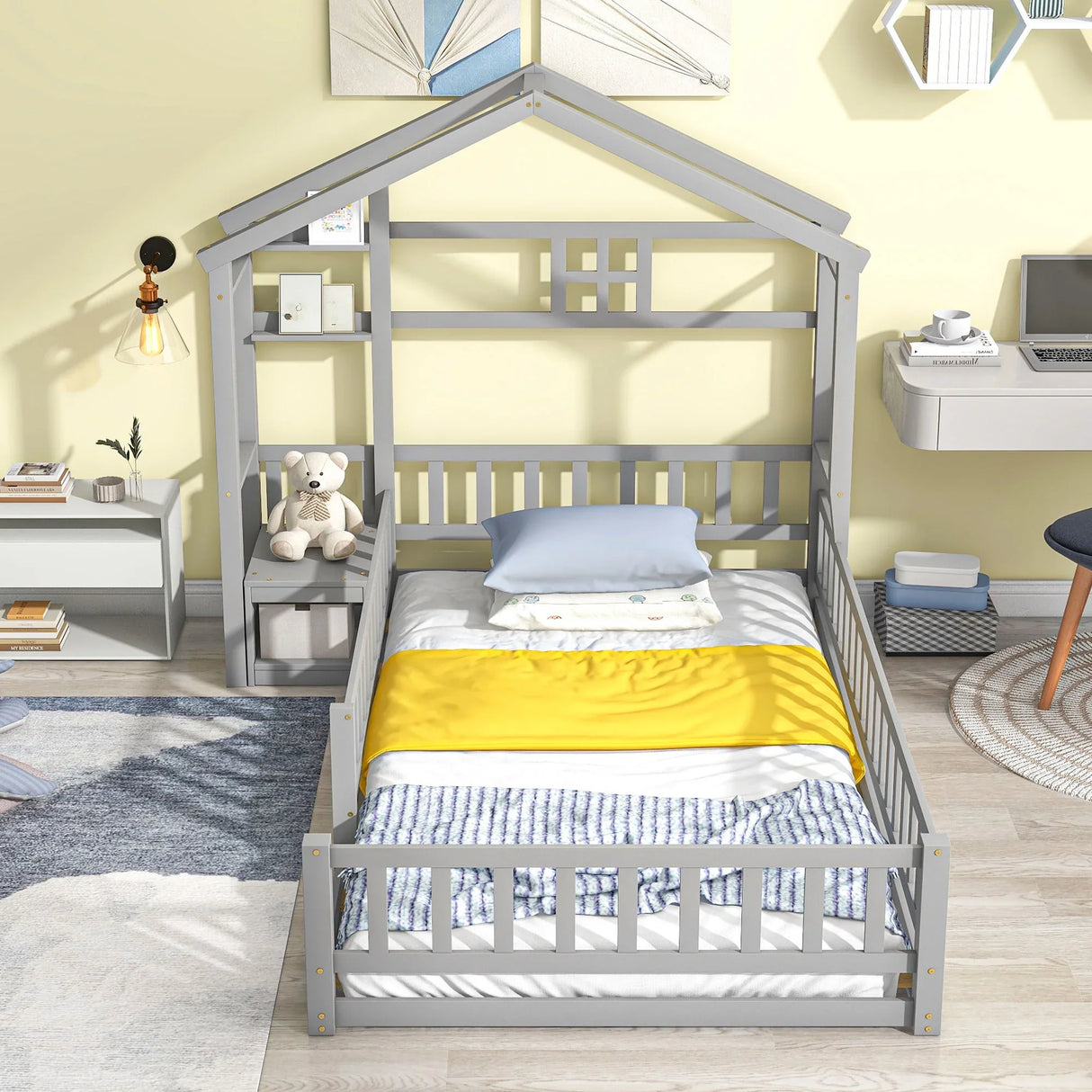 House-Style Headboard Floor Bed With Fence Guardrails Without Cushion - Furniture Home Direct
