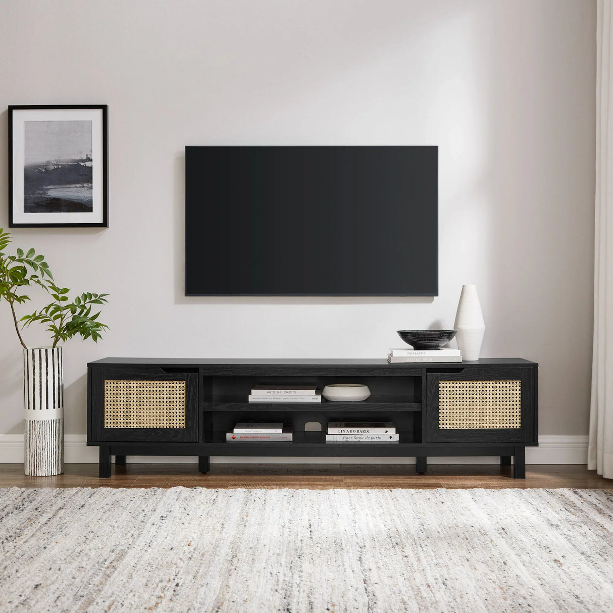 Modern Rattan Door Low TV Stand For TVs Up To 80" - Black - Furniture Home Direct