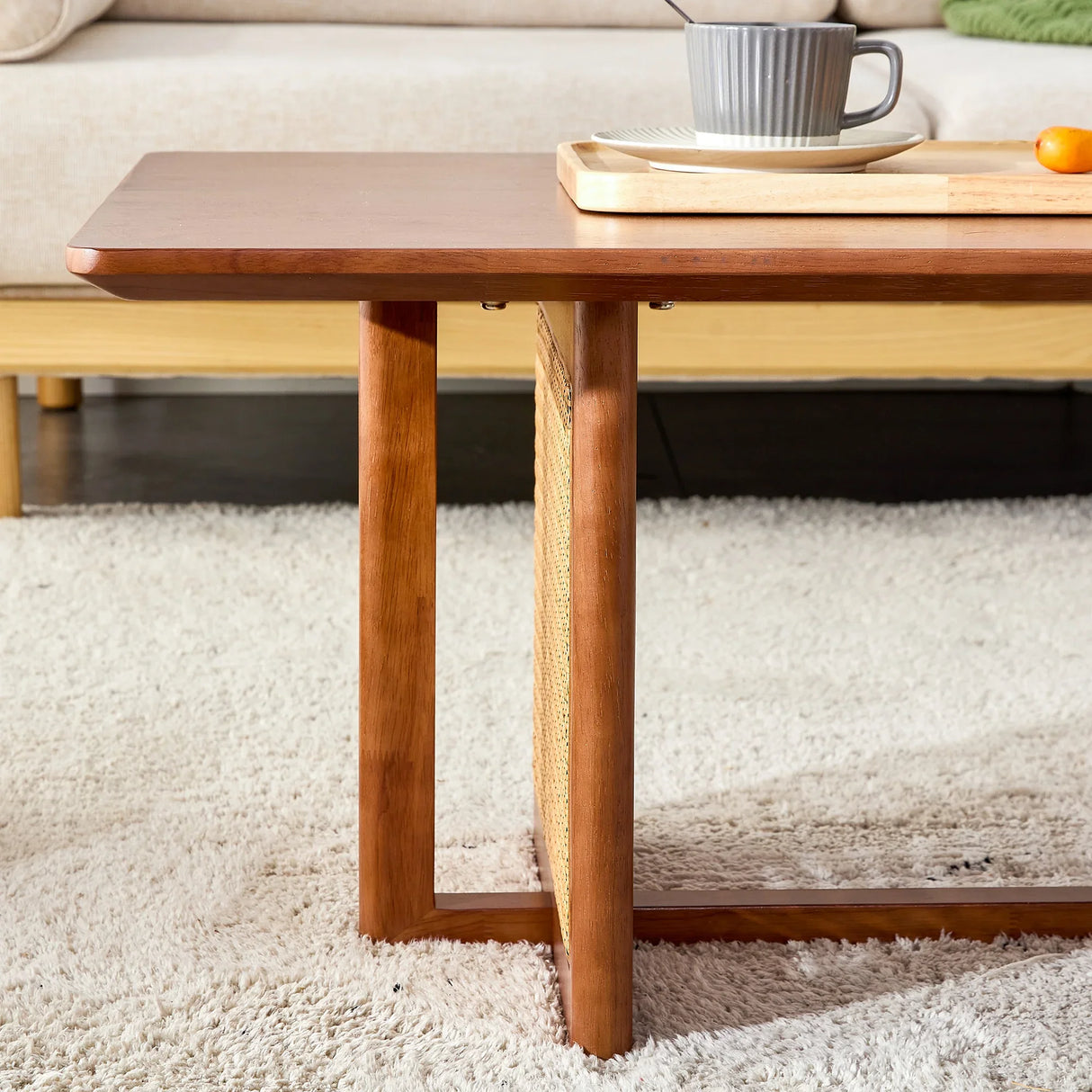 Coffee Table Solid Wood With Rattan Panel Sides Walnut - Furniture Home Direct