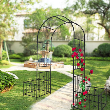 Metal Garden Arch With Two Plant Stands Wide High Climbing Plants Support Rose Arch Outdoor - Black - Furniture Home Direct