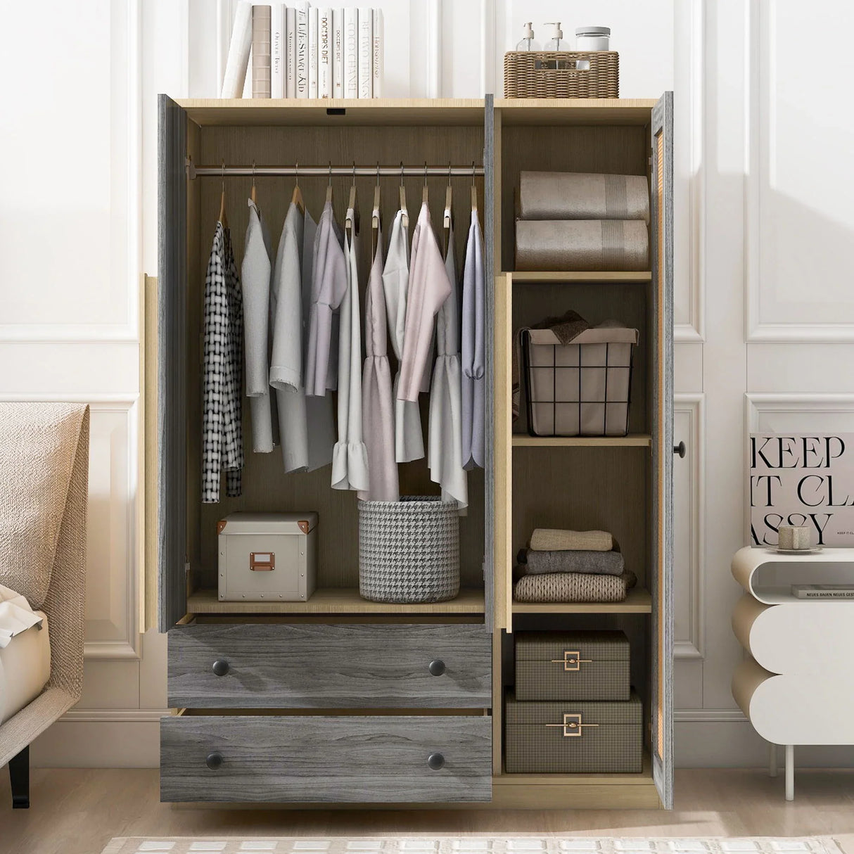 3 Doors Rattan Wardrobe Storage For Bedroom, With 2 Drawers - Furniture Home Direct