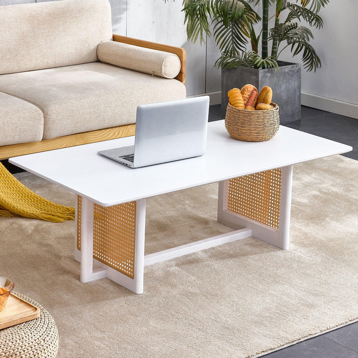Chinese Style White Solid Wood And Imitation Rattan Coffee Table - Furniture Home Direct
