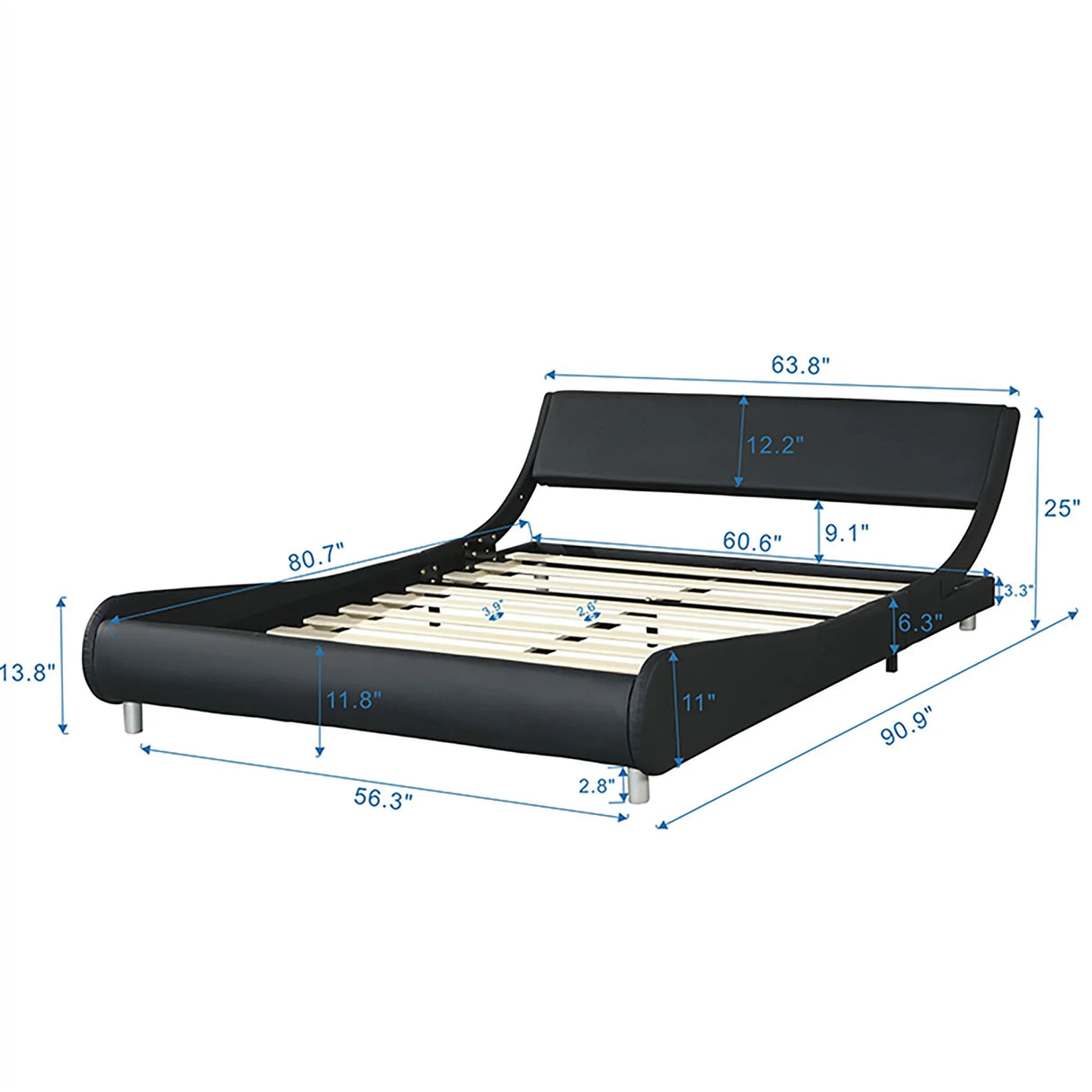 Queen Size Upholstered Platform Bed Frame, LED Lighting With Remote Controller And App, Curve Design, Wood Slat Support, No Box Spring Needed - Black - Furniture Home Direct