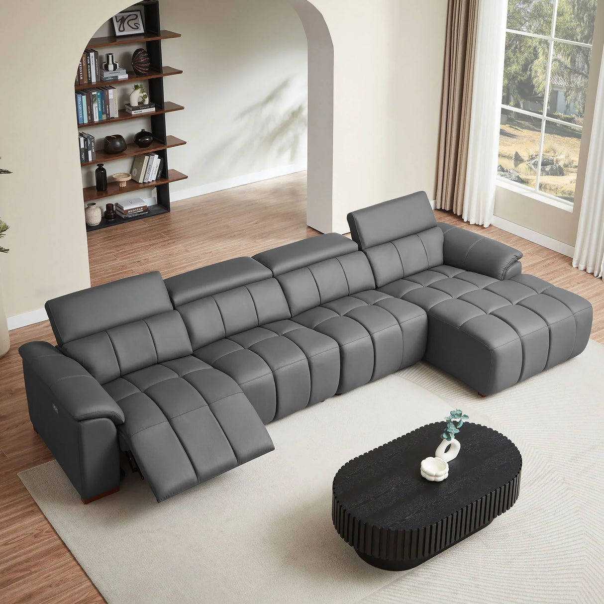 Genuine Leather Power Sectional with USB Port - Gray - Furniture Home Direct