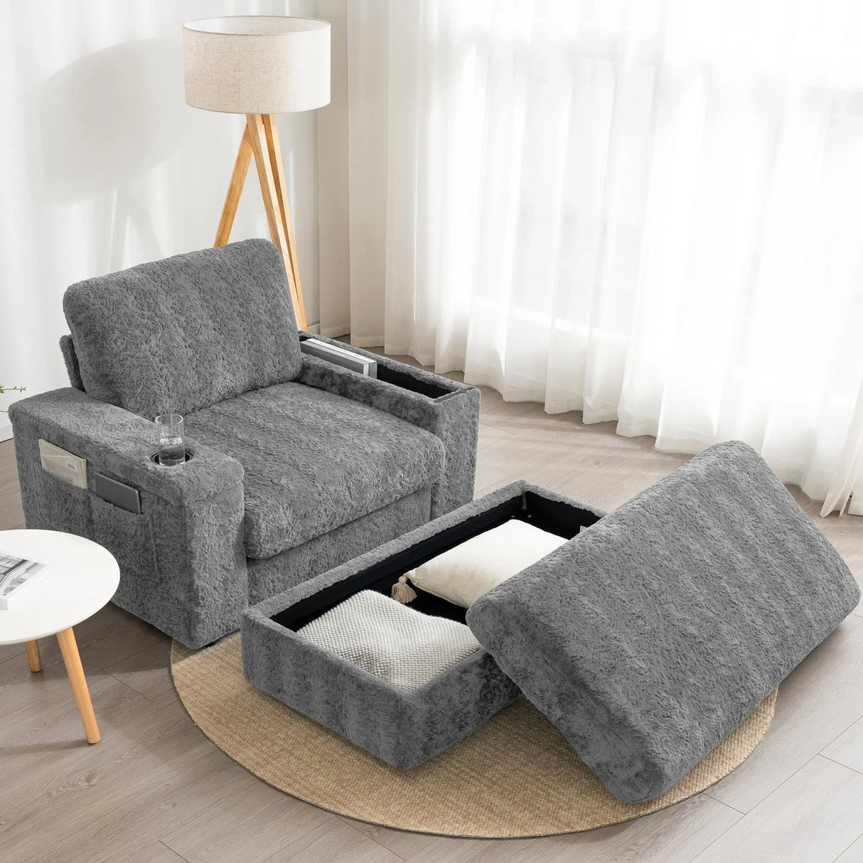 Oversized Chaise Lounge Indoor Rabbit Fur Sofa Bed With Storage Ottoman And Armrests Cup Holders With Deep Seat - Furniture Home Direct