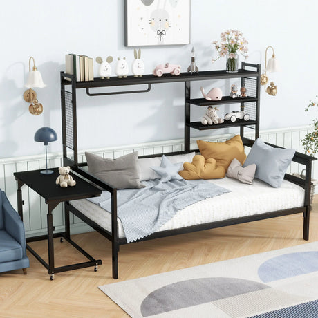 Daybed With Movable Desk, Grid, Shelves And Clothes Hanger - Furniture Home Direct