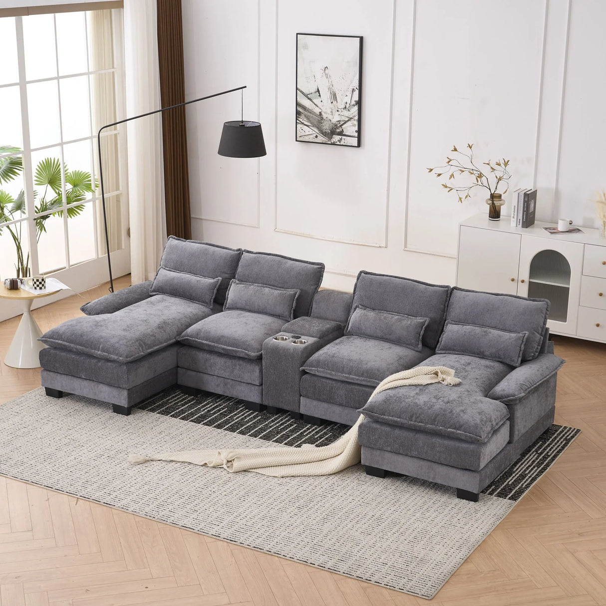 U Shaped Sofa With Console, Cupholders, USB Ports, 6 Seat, Bronzing Suede & Chenille - Furniture Home Direct
