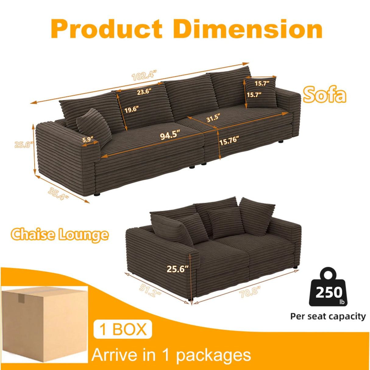 Plush Corduroy 4 Seat Sofa, Modern Comfy Upholstered Sofa Cloud Couch, Deep Seat Couches With Soft Pillows - Furniture Home Direct