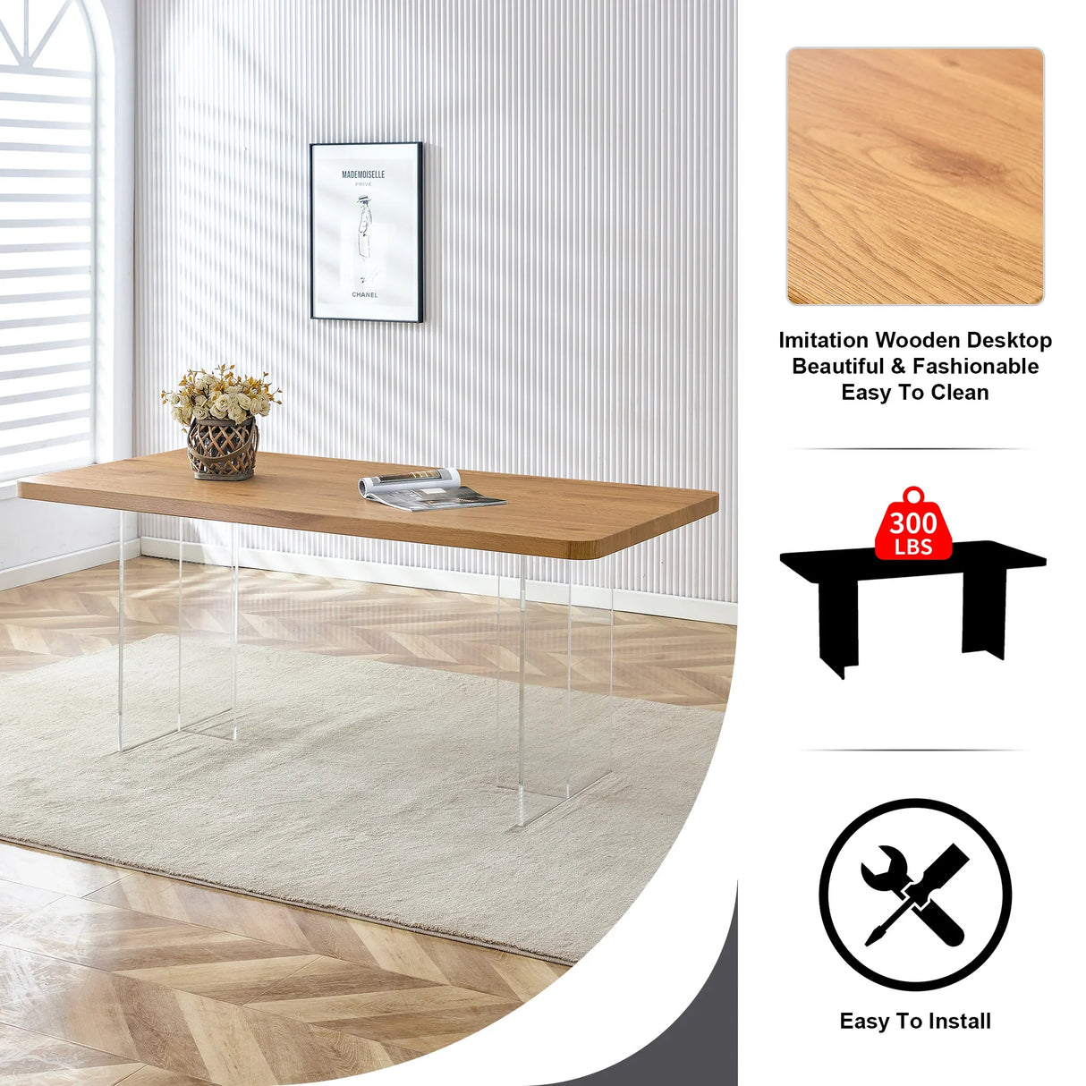Dining Table With Wooden Top And Clear Acrylic Legs Natural - Furniture Home Direct