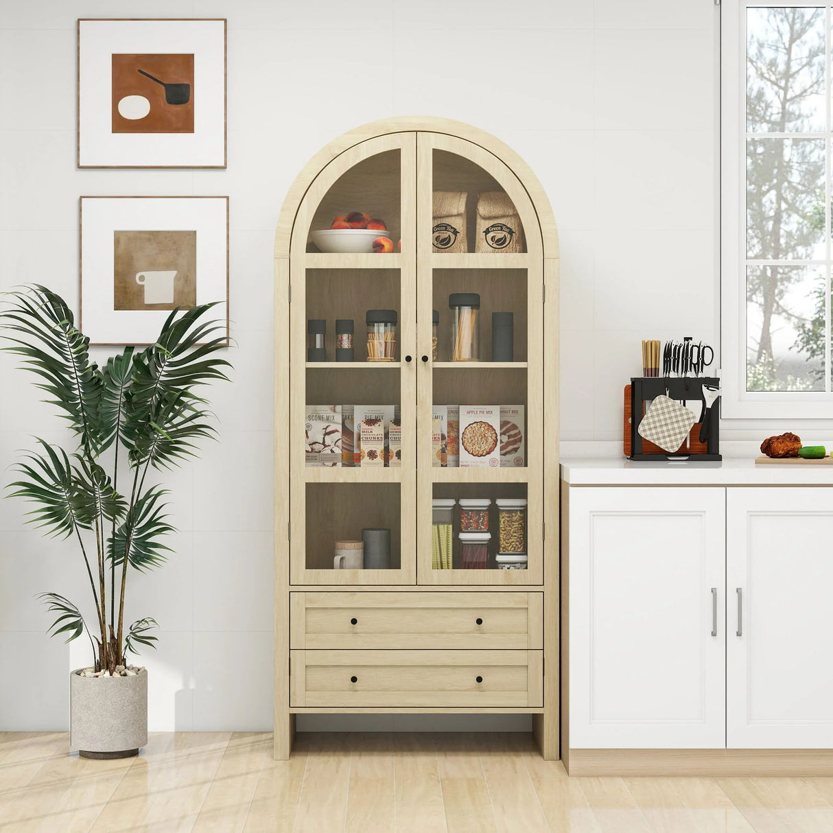 Tall Arched Kitchen Pantry, Modern Farmhouse Wood Kitchen Storage Cabinets, Arched Storage Display Cabinet With Adjustable Shelves, Versatile Cupboard For Kitchen, Dining Room, Living Room - Natural - Furniture Home Direct