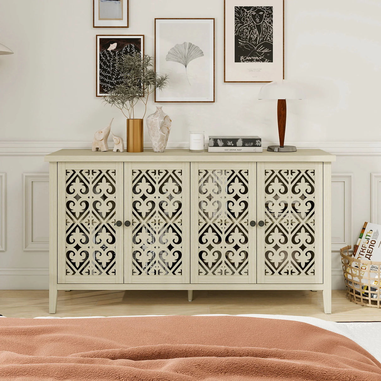 Hollowed Out Cabinet With 4 Doors, American Furniture, Suitable For Bedroom, Living Room, Study - Natural - Furniture Home Direct