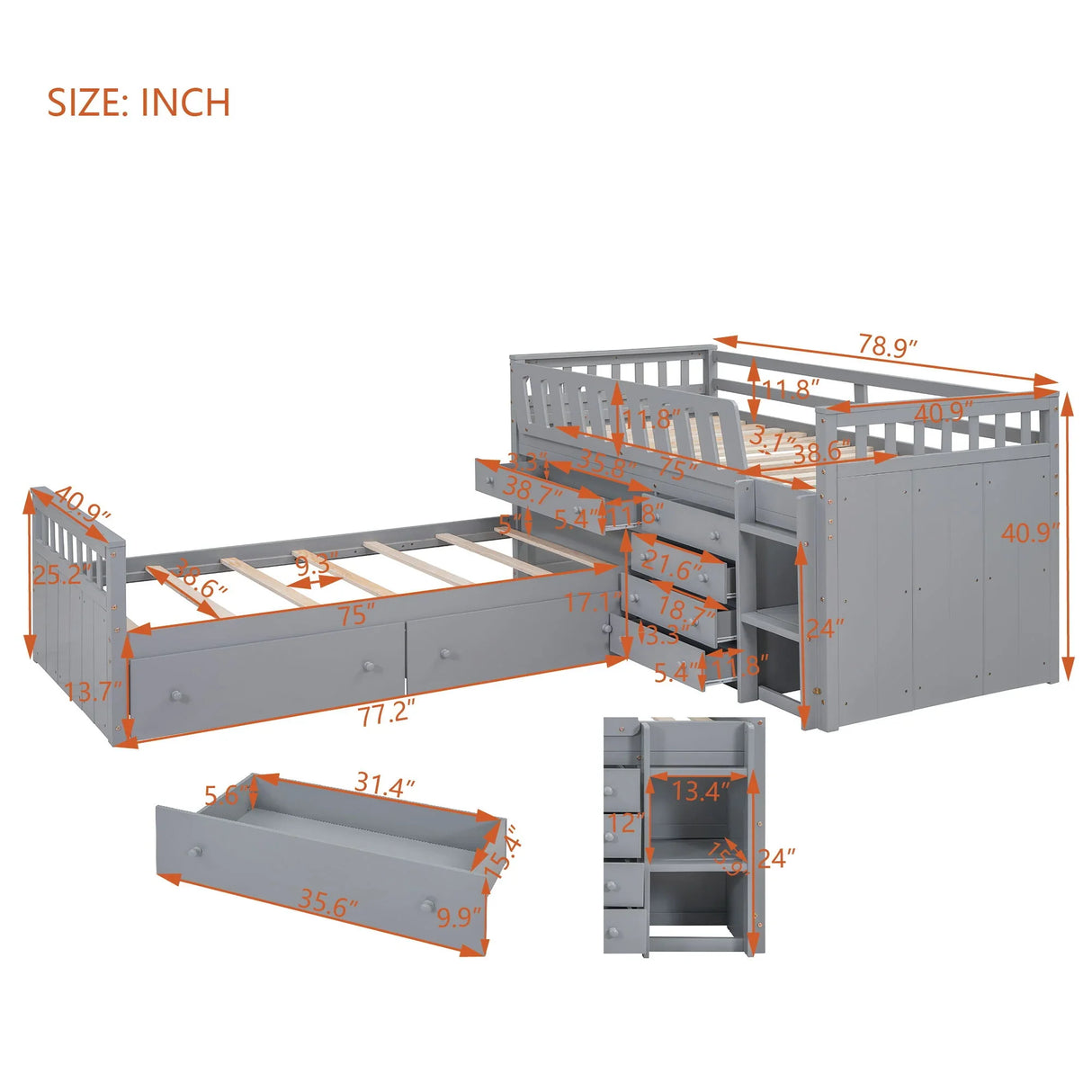 Loft Platform Bed With 7 Drawers And Full Guardrails, Modern L Shaped Space Savin - Furniture Home Direct