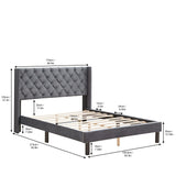 Queen Platform Tufted Upholstered Bed With Wings Design, Strong Wood Slat Support - Gray - Furniture Home Direct