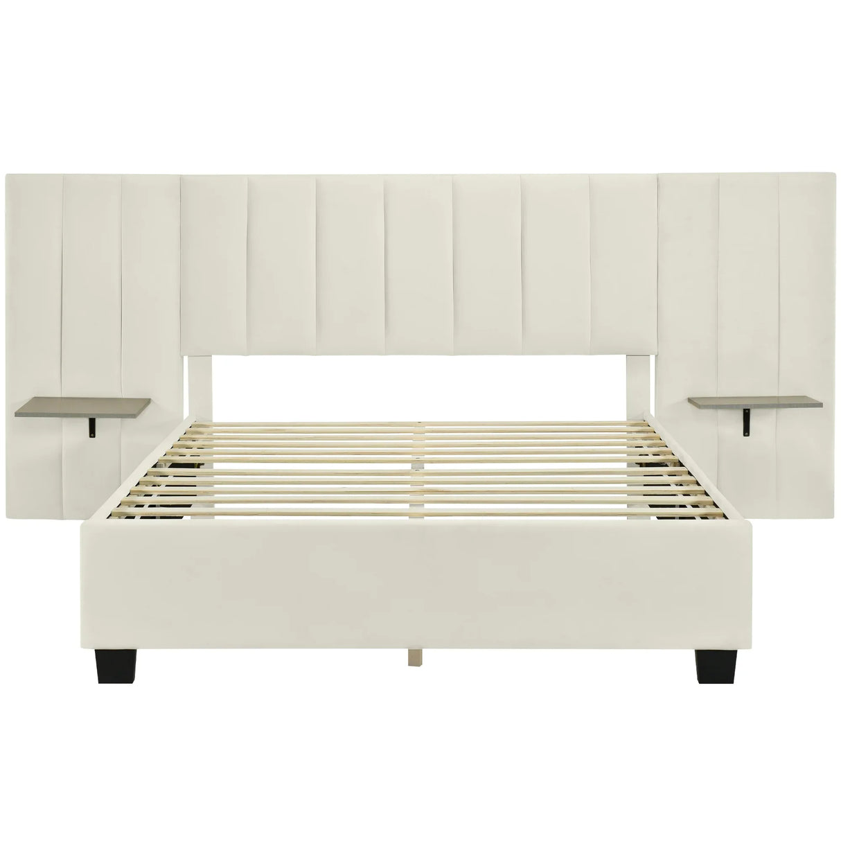 Queen Bed Upholstered Platform Tall Headboard Beige - Furniture Home Direct