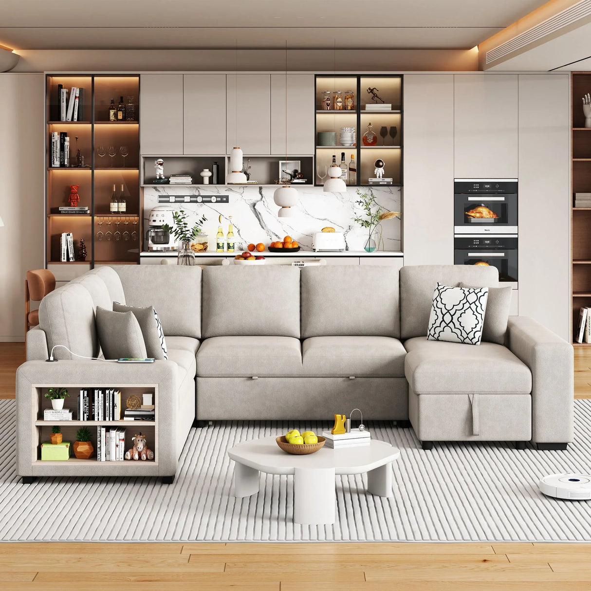 U-Shaped Sectional Sofa Pull-Out Sofa Bed With Two USB Ports, A Storage Chaise Lounge And Four Back Pillows For Living Room - Furniture Home Direct