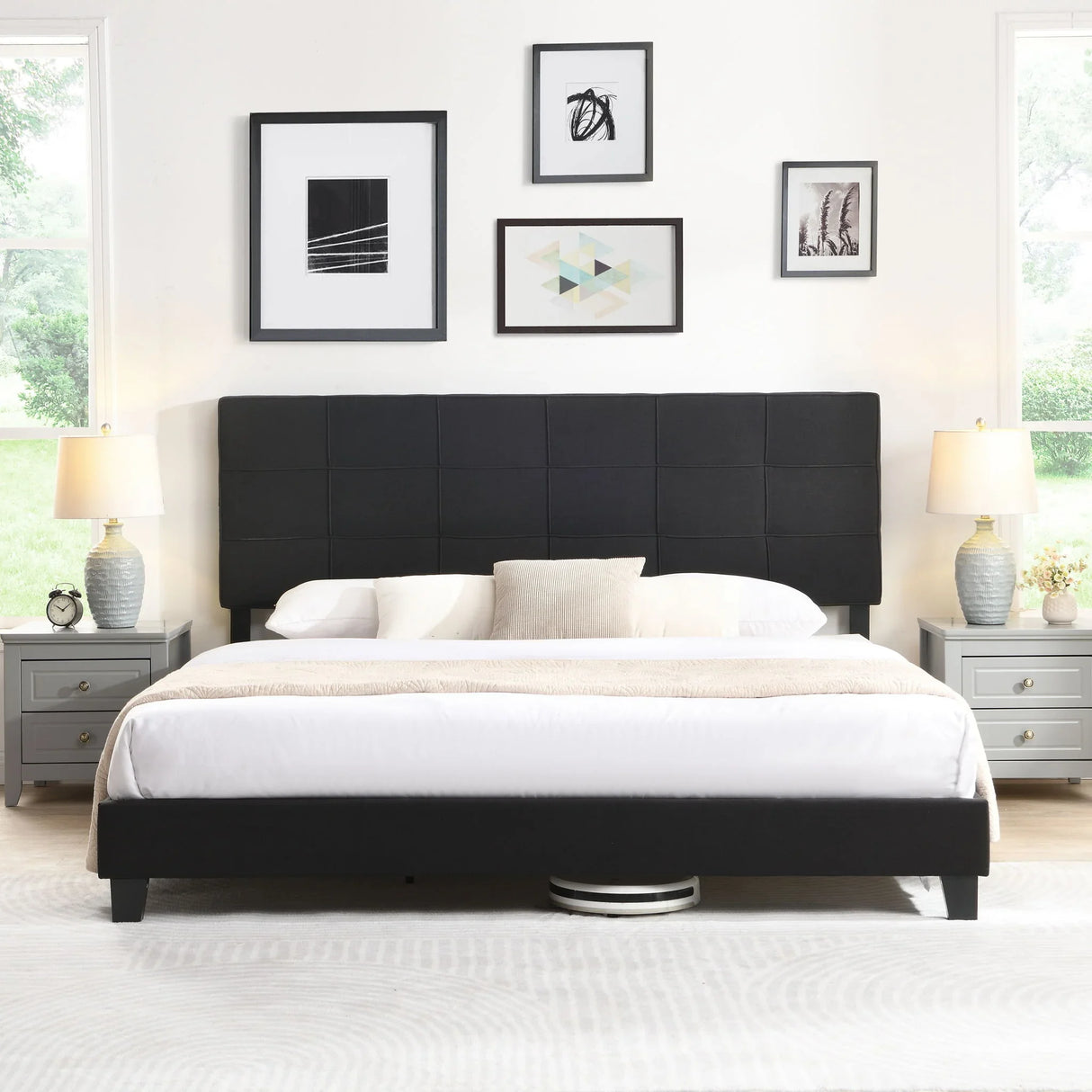 King Size Upholstered Platform Bed Frame With Linen Fabric Headboard, Wood Slat Support - Black - Furniture Home Direct