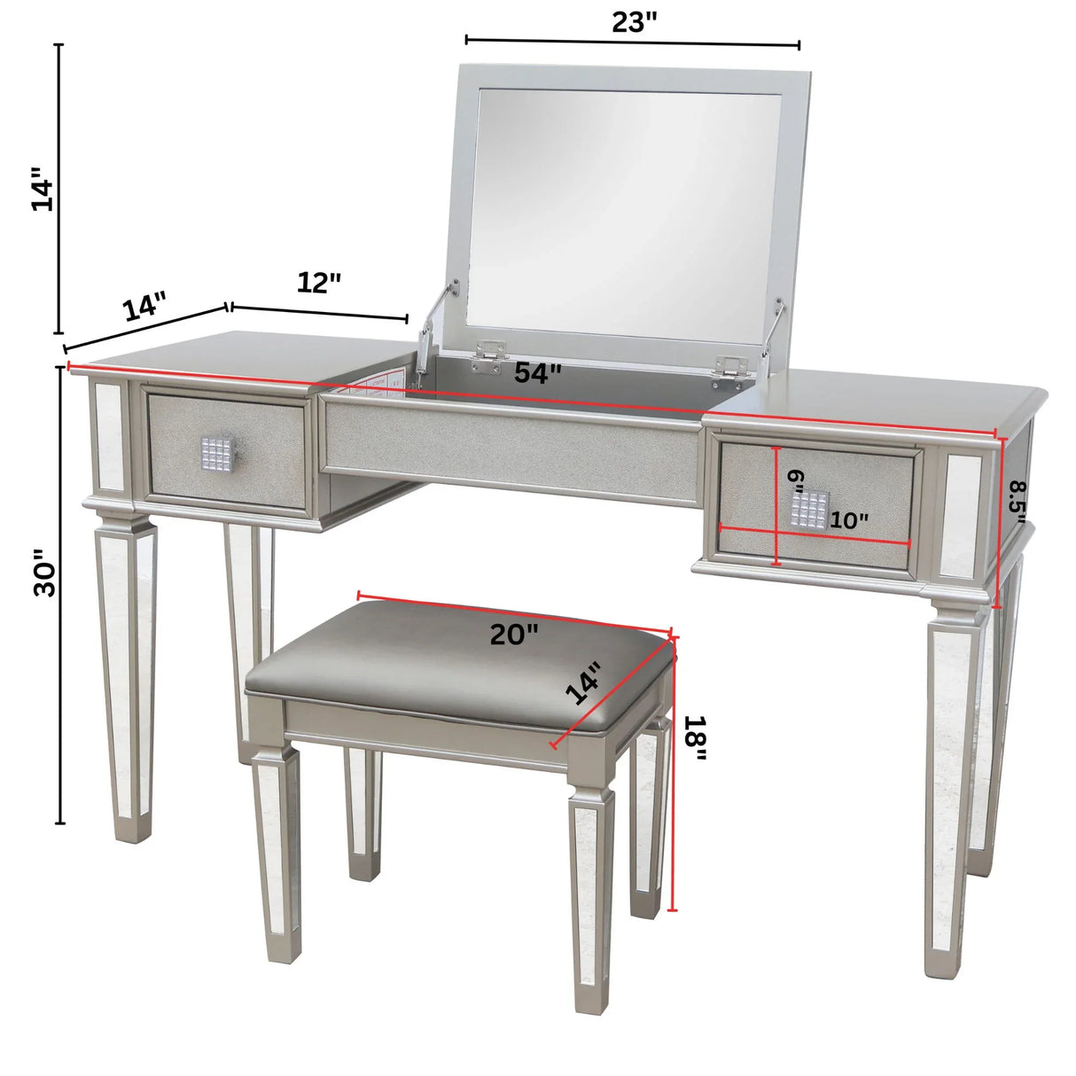 Mirrored Vanity Desk With Drawers And Stool, Flip Up Dressing Table Set For Makeup Room - Furniture Home Direct