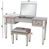 Mirrored Vanity Desk With Drawers And Stool, Flip Up Dressing Table Set For Makeup Room - Furniture Home Direct