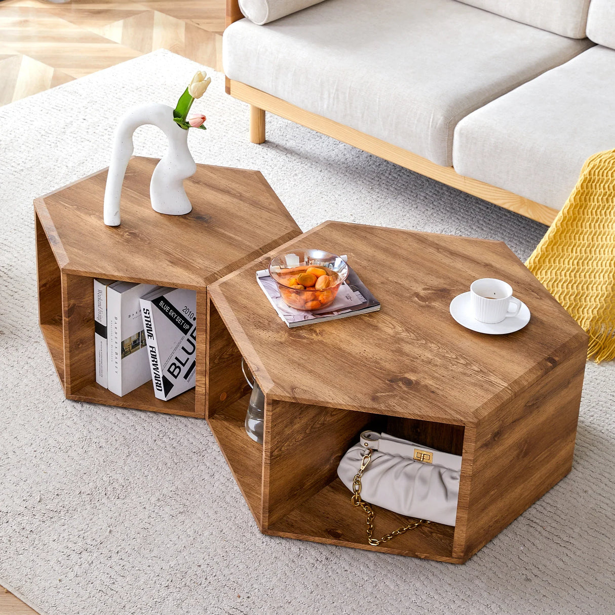 Coffee Table Set Hexagonal Wood Open Shelves Modern Wood - Furniture Home Direct