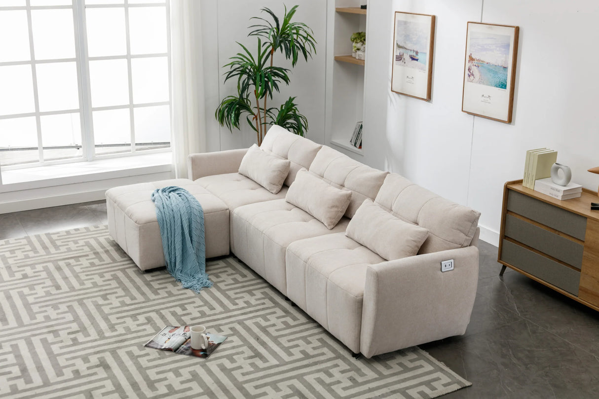 113.3 Modular Sectional With Ottoman And USB C Ports Beige - Furniture Home Direct