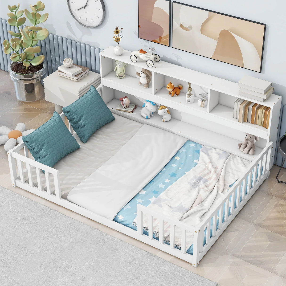 Floor Bed With Side Bookcase, Shelves, Guardrails - Furniture Home Direct