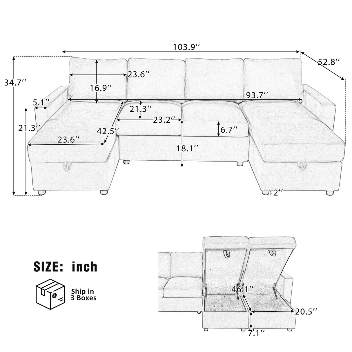 Convertible Sectional Sofa With Storage Chaise Lounges And USB Ports - Furniture Home Direct