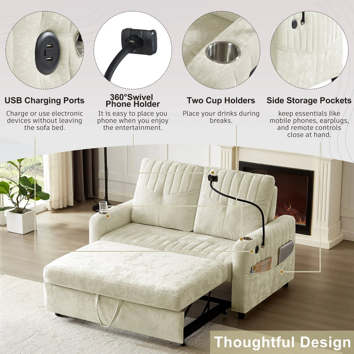 Sleeper Sofa With Adjustable Backrest, Two Cup Holders, Phone Holder, Three Charging Ports And Side Storage Pockets- Beige - Furniture Home Direct