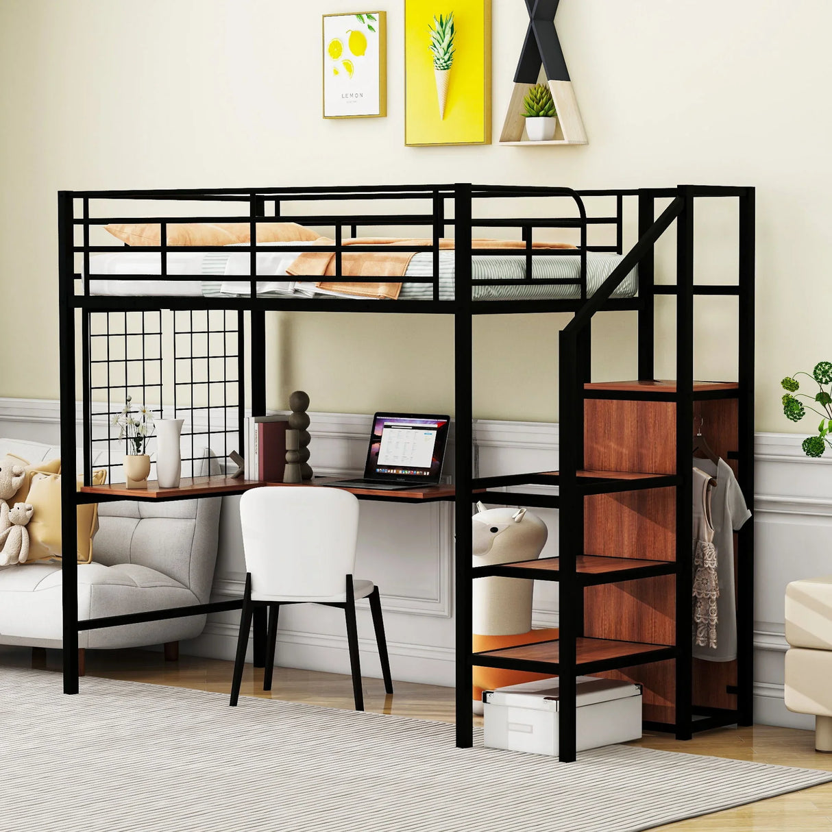 Loft Bed With Desk And Grid, Stylish Frame With Lateral Storage Ladder And Wardrobe - Furniture Home Direct