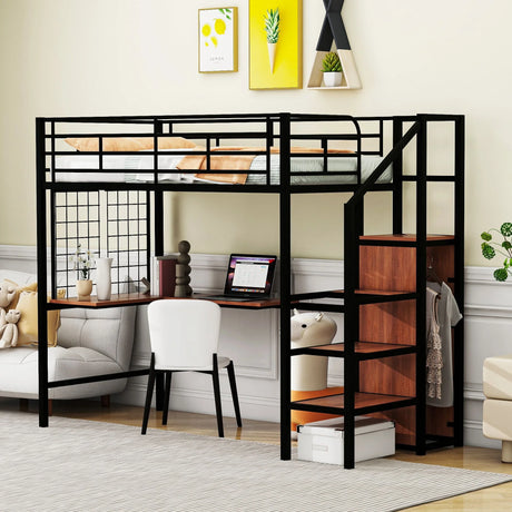 Loft Bed With Desk And Grid, Stylish Frame With Lateral Storage Ladder And Wardrobe - Furniture Home Direct