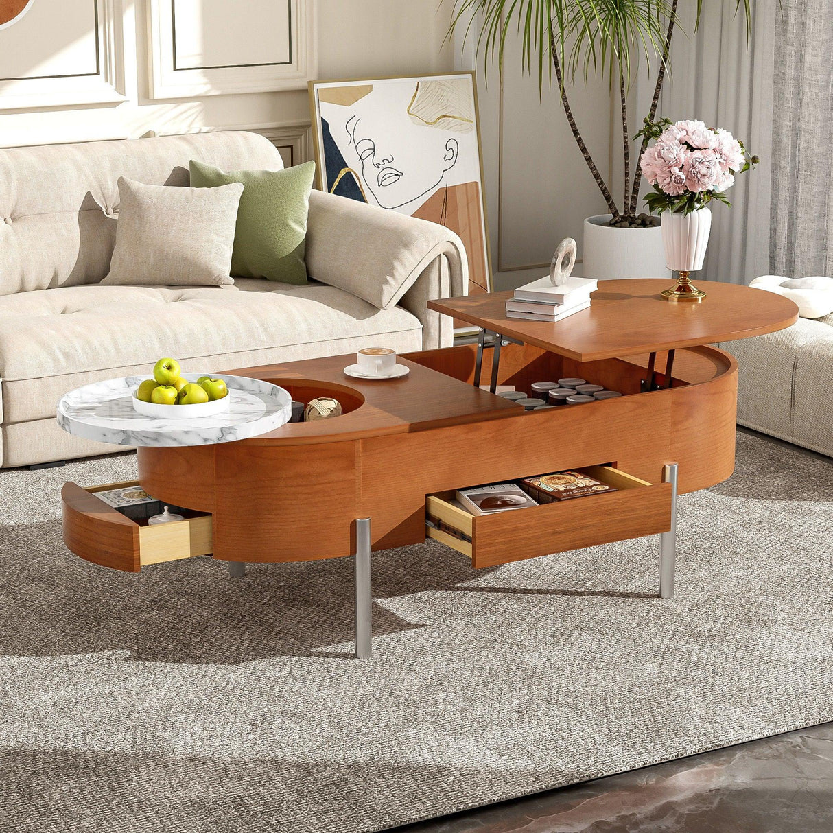 Lift Top Coffee Table With 360 Degree Marble Patterned Rotating Tray - Furniture Home Direct