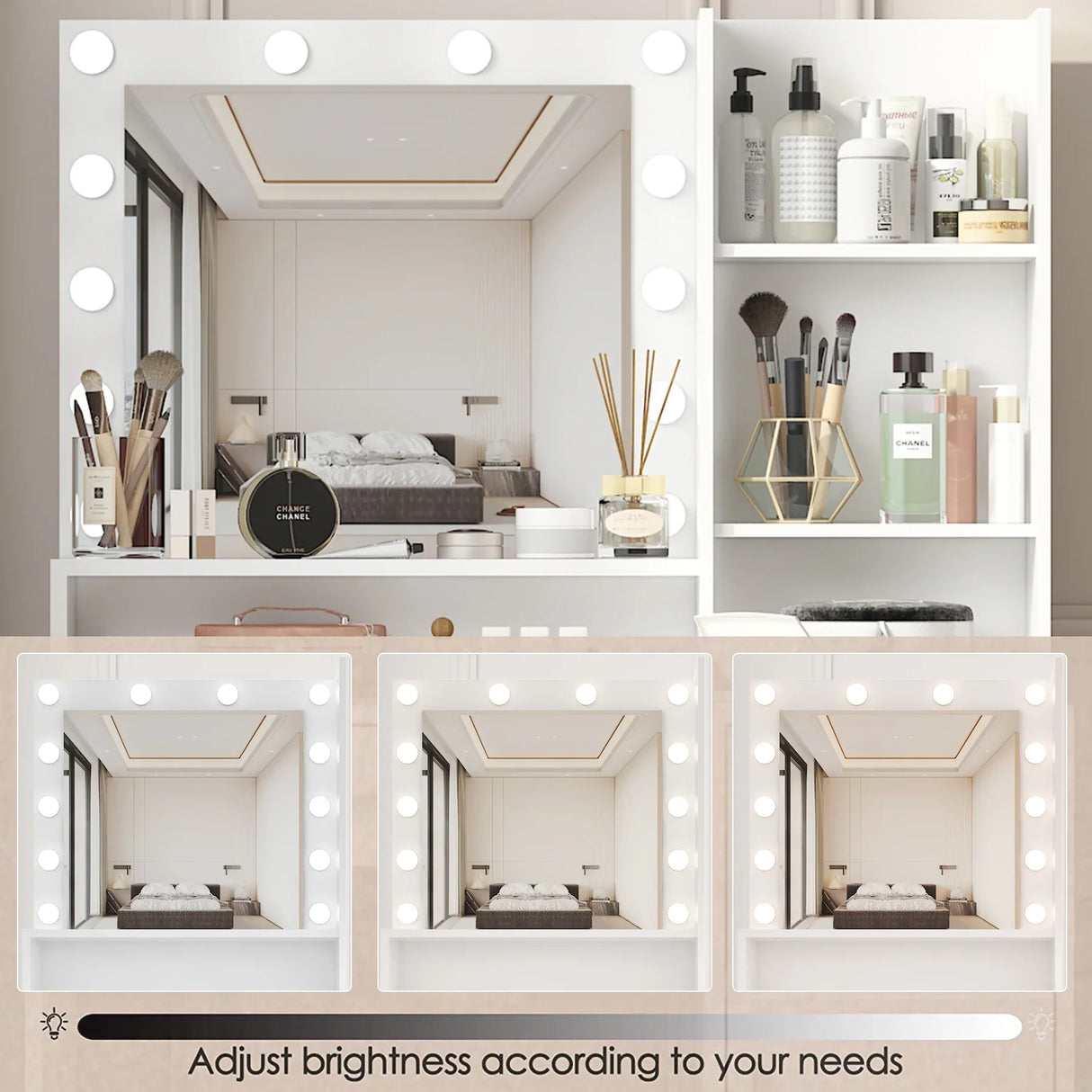 Vanity Desk With Mirror And LED Lighting For Bedroom White - Furniture Home Direct