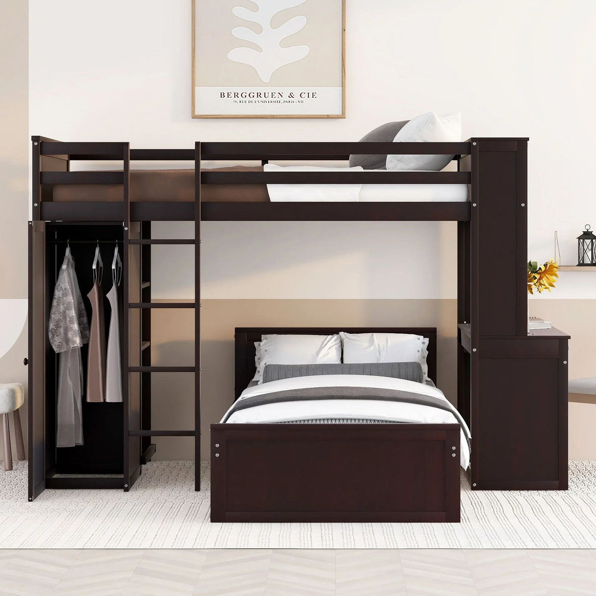 Loft Bed With A Stand Alone Bed, Shelves, Desk, And Wardrobe - Furniture Home Direct