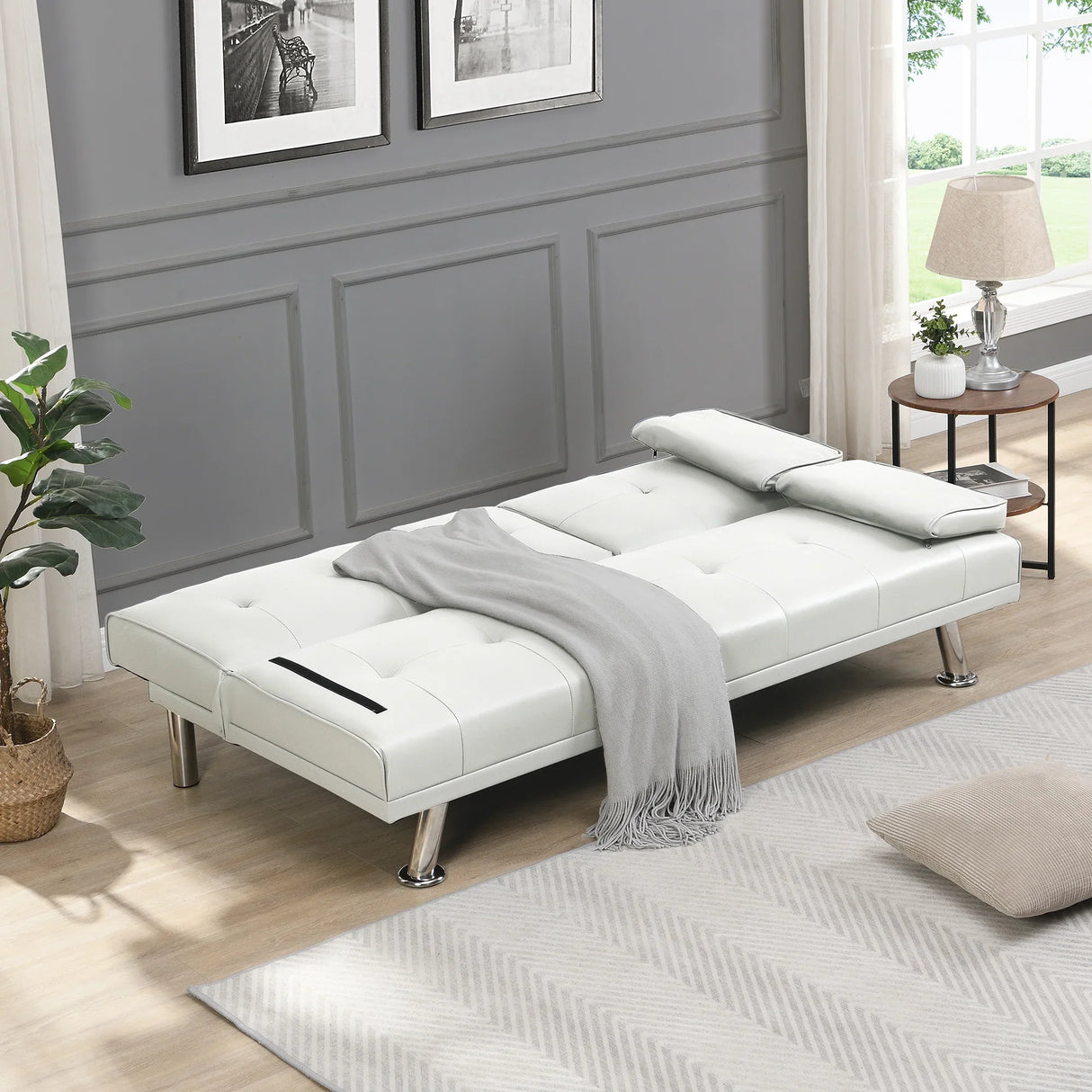 Sleeper Sofa with Armrest and Two Cup Holders - White - Furniture Home Direct