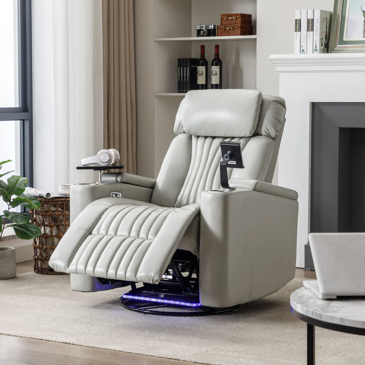 270° Power Swivel Recliner Home Theater Chair With Hidden Arm Storage, LED Light, Cup Holder, And Tray Table - Furniture Home Direct