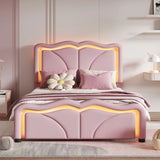 Upholstered Platform Bed & Curve Shaped And Height Adjustable Headboard, LED Light Strips - Furniture Home Direct