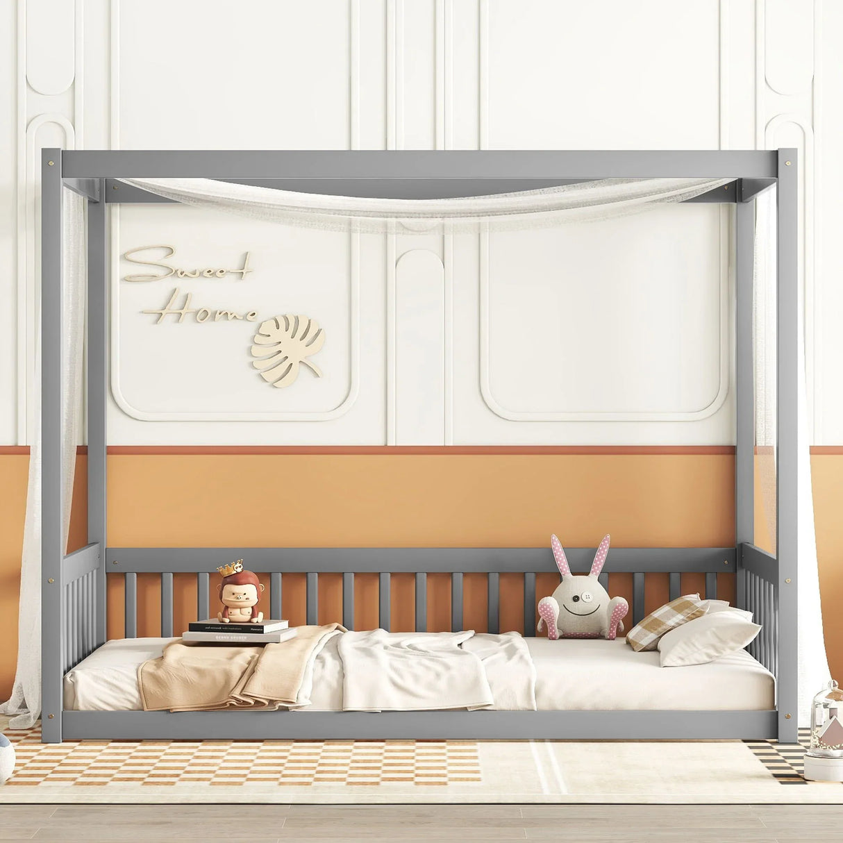 Canopy Frame Floor Bed With Fence, Guardrails - Furniture Home Direct