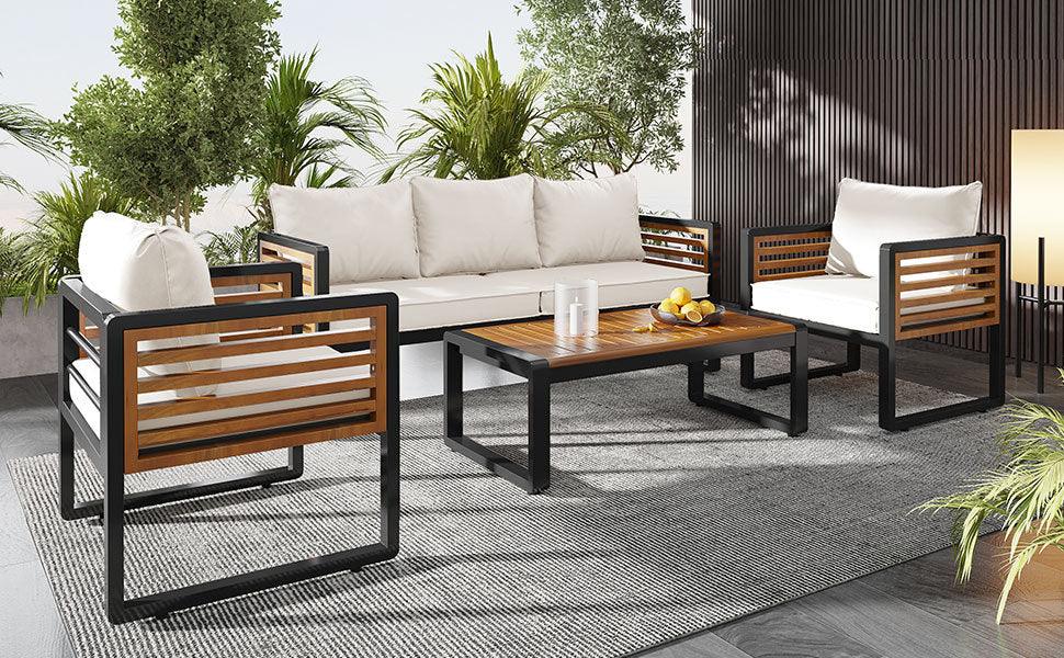 4 Piece Outdoor Conversation Set - Beige - Furniture Home Direct