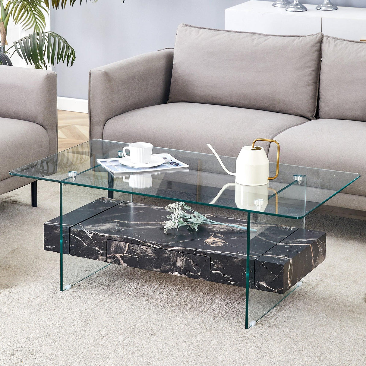 Coffee Table Two-Tier Glass With Solid Marble Base Black - Furniture Home Direct